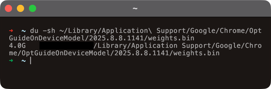 Terminal screenshot of du -sh against Chrome's OptGuideOnDeviceModel folder
showing 4.0G for weights.bin