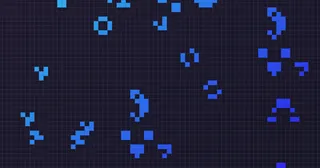 Interactive Conway’s Game of Life grid with red living cells and playback controls
