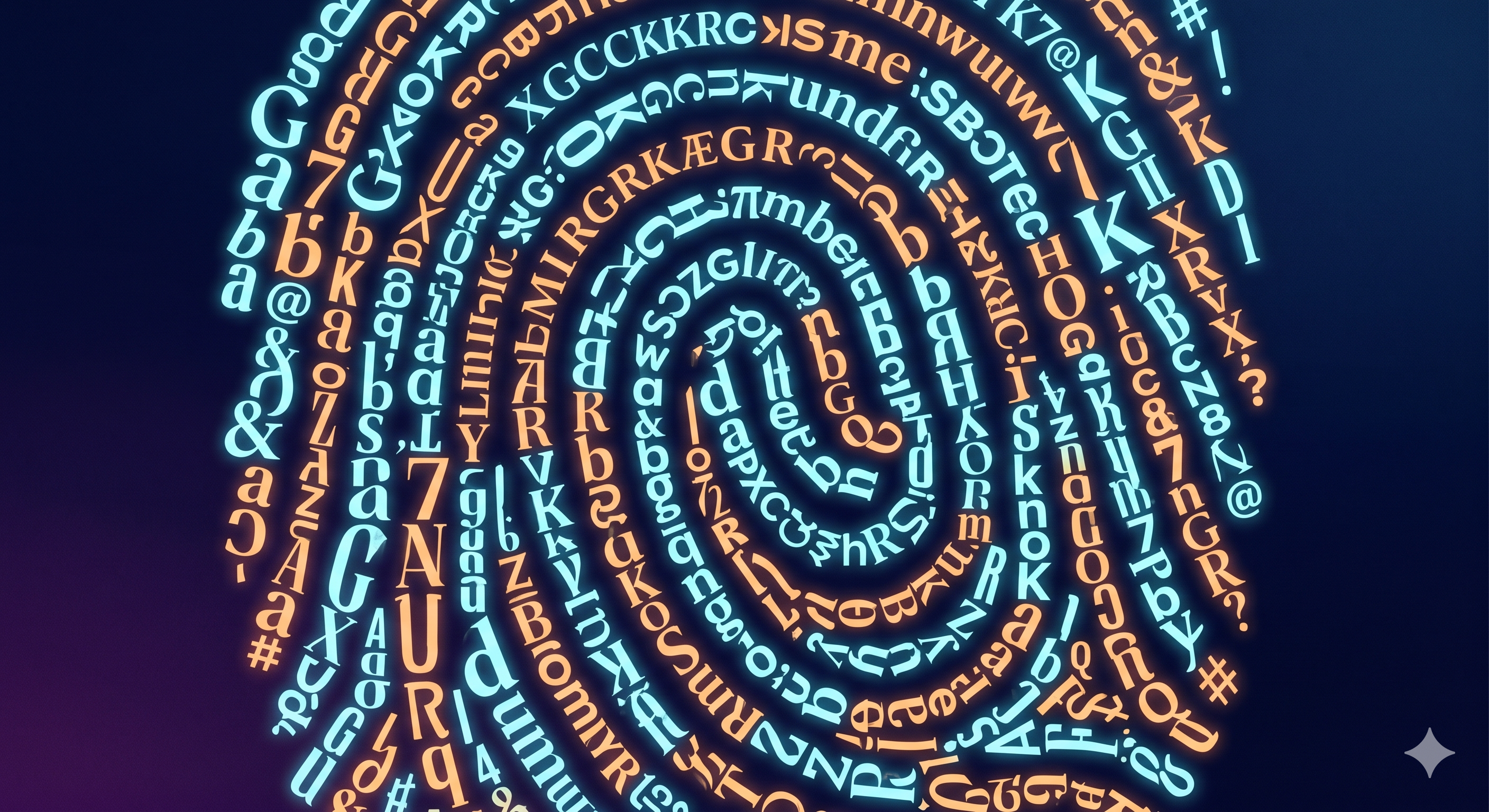 Stylized fingerprint composed of overlapping letterforms in various typefaces against a dark background