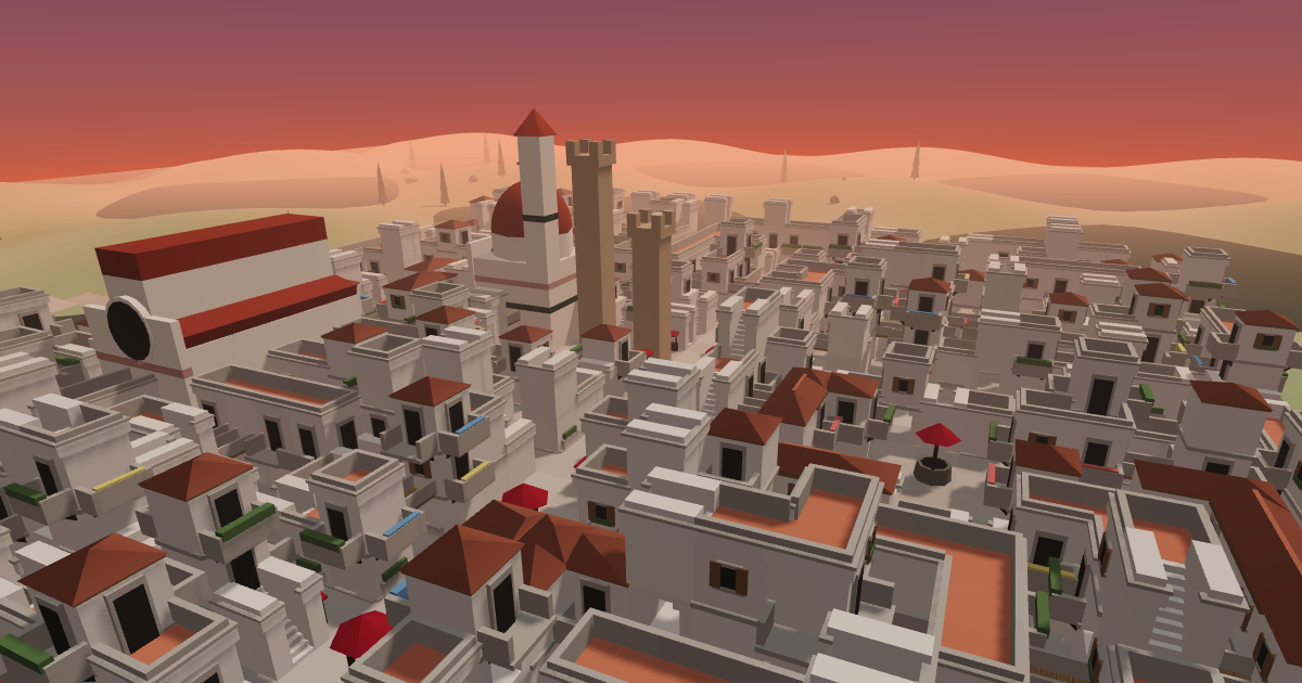 Procedural Zen city built from stones in a 3D browser scene.