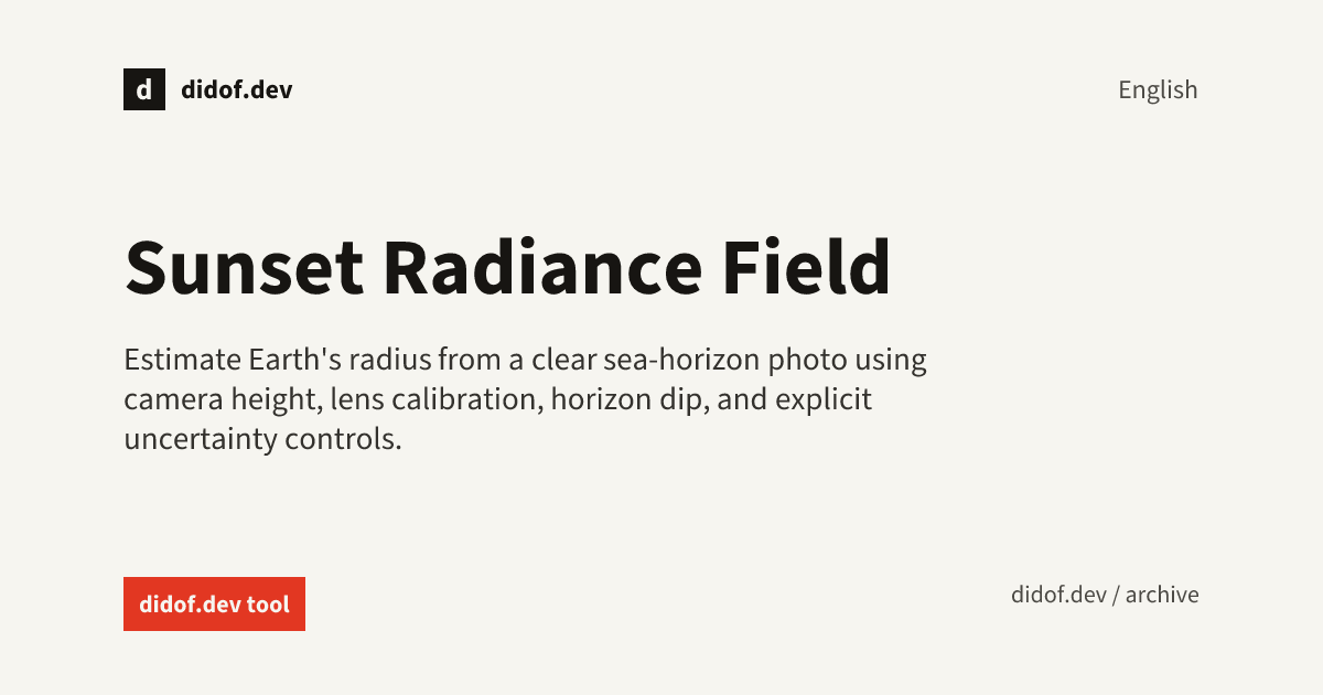 Sunset Radiance Field interface showing a sea horizon, calibration controls, and an Earth radius result